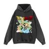 Moletons Oversize de Algodão Puro Estilo Europeu e Americano Streetwear Roupas Masculinas da Moda Anime Japonês Tops Lavados com Efeito Desgastado