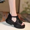 Sandálias Romanas Retrô de Solado Grosso para Mulheres, Novo Estilo Verão 2025, Sapatos Plataforma de Couro com Biqueira Aberta, Sandálias de Praia Abertas