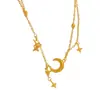 "Mito da Estrela e da Lua" Corrente Dupla para Clavícula Feminina, Colar com Pingente de Estrela e Lua de Loja de Ouro Popular, Corrente de Pescoço Elegante com Franja de Estrela de Quatro Pontas
