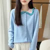 Cardigan de Tricô de Lã Pura com Gola Lapela, Manga Longa, Bloco de Cores, Borda com Babados, Suéter Solto de Lã, Novo Outono/Inverno 2026