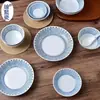 Tigela de Porcelana Azul para Jantar com Desenhos de Orquídea e Crisântemo, Cor Impressa em Subglaze, Tigela Ruyi, Tigela Grande, Tigela para Macarrão Udon, Prato Estilo Tang, Prato para Molho