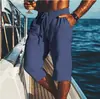 2025 Nuevos Pantalones Capri para Hombre Lino Verano Shorts de Playa Bolsillo Cordón Cintura Elástica Color Sólido Cuadros Transpirable