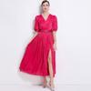 Vestido de Noite de Organza Alto Europeu e Americano Mangas Bufantes Plissado Slim Vestido Midi Slim Estilo Coreano Vestido Longo