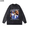 Primavera e Outono Retro Hip Hop Americano Costa Oeste High Street Lavada e Desgastada Algodão Puro Cor Sólida Manga Longa Camiseta Moletom Masculino