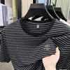 Camiseta Masculina de Manga Curta Listrada em Nylon Gelo de Verão 2026 Nova Gola Redonda Casual Versátil Solta Fresca
