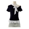 Moda de Verano Estilo Coreano Elegante Diseño con Costuras Sentido Polo Lunares Lazo Hombro Camiseta Prendas de Punto para Mujer Top Casual