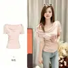 Camiseta Blanca de Manga Corta con Cuello en V para Mujer, Nuevo Diseño de Verano 2026, Estilo Único, que Disimula el Vientre, Corte Ajustado, Top que Ceñe la Cintura