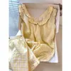 Pijama de Cuadros Amarillo Dulce 2026 con Tirantes de Algodón Nube para Mujer con Ribete de Encaje y Mangas Cortas Volantes, Conjunto de Ropa de Casa Estilo Japonés para Niñas