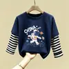 Marca da Moda Roupas Infantis Falso Duas Peças Camiseta de Manga Longa para Meninos Estampa de Desenho Top Camisa Base Linda de Algodão Puro Primavera e Outono