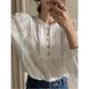 2023 Primavera Nova Coreana Dongdaemun Solta Plissada Renda Crewneck Fivela Camisa de Manga Bolha