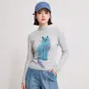 Camisa Base Plisada con Ilustración de Gato Top Negro Ajustado Cuello Semi-Alto Camiseta Adelgazante para Mujer Ropa Interior de Otoño e Invierno Se Puede Usar por Fuera