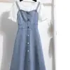 Vestido Azul de Tencel para Mujer, Estilo Veraniego Nuevo, con Encaje Empalmado, Falso Dos Piezas, Ceñido a la Cintura, Corte Holgado, Favorecedor, de Manga Corta, Moderno