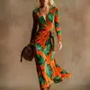 Vestido Transfronteiriço Novo Estilo com Decote em V e Mangas Longas com Elementos de Impressão Digital 3D, Saia Fashion e Personalizada para Marcar a Cintura Feminina