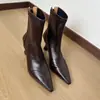 Combina bem com um casaco~Botas femininas curtas elásticas de bico fino francês, botas de salto alto fino, botas de cano curto elegantes