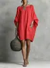 2026 Roupa Feminina Transfronteiriça Amazon Europeia Americana Retrô Cor Sólida Temperamento Manga Longa Ombro a Ombro Vestido Midi Casual Vestido de Algodão Linho