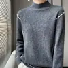 Nuevo Suéter de Punto Grueso de Lana 100% con Cuello Alto Falso de Siete Agujas, Manga Larga, Bloques de Color, Prenda Base para Otoño e Invierno 2025