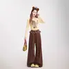 Pantalones de Pierna Ancha Versátiles Adelgazantes de Cintura Alta Estilo Retro con Parches Lavados de Mezclilla a Cuadros