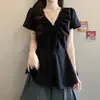 Camisa de encaje con cordones y cuello en V de manga corta para mujer, verano 2026, nueva, elegante, entallada a la cintura, camiseta de manga corta para mujer A11748