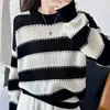 Suéter de punto de algodón puro, modelo nuevo Primavera 2026, cuello redondo retro, estilo coreano, manga larga, hueco, holgado, color versátil, bloques de color, a rayas, para mujer