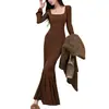 Tendencias de Moda Otoño e Invierno Transfronterizas: Nuevo Vestido de Color Sólido con Cuello Cuadrado de Cola de Pez para Mujer, Vestido Largo Coreano con Mangas de Campana y Cuello Cuadrado