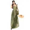 Vestido Verde Estilo Francés con Tirantes Finos y Mangas Cortas Volantes, Gasa, Cintura Hermosamente Ceñida, Vestido Largo Floral para Fiesta, Color de la Foto, Corte Ajustado