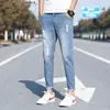 Jeans masculino rasgado verão 9 pontos slim fit perna fina estilo coreano moderno 8 pontos calça masculina marca moderna verão fino