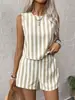 2026 Verano Ropa Femenina Transfronteriza Europea y Americana Conjunto Casual de Dos Piezas con Rayas: Top sin Mangas de Cuello Redondo + Pantalones Cortos Sueltos