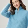 Suéter Feminino de Caxemira Outono e Inverno Meio Zíper Trançado Gola Alta Malha Grossa Solto Camada Base de Caxemira Little Goat