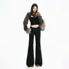 Jeans feminino transfronteiriço 2026, levemente flare, estilo americano, moderno, três botões, com caimento fluido, casual, calça longa preta, preto, extra longa, Yichun