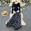 Conjunto de dos piezas a cuadros retro para mujer, top irregular de otoño, falda a cuadros de cintura alta, elegante atuendo para ir al trabajo