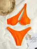 Maiô de Biquíni Cortado Europeu e Americano para Exportação Feminino Sexy de Um Ombro Cor Sólida Bikini Bikini Atravessando Fronteiras Amazon Maiô