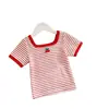 Camiseta Ribana Stretch de Manga Curta Listrada com Gola Quadrada para Meninas, Estilo Verão 2026 com Aplicações de Frutas, Versão Coreana Camada Base Versátil para Bebês