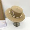 Sombrero de Copa Parasol de Verano Protector Solar para Mujer Estilo Francés Retro Cadena de Perlas Parte Superior Plana Moda Casual Lazo Sombrero de Paja