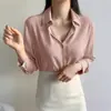 Camisa de satén y gasa fluida con cuello blanco y manga larga para mujer, adecuada para primavera y otoño, con un estilo profesional OL y diseño de hombro regular