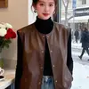 Colete de couro PU para mulheres, nova coleção primavera/outono 2026, estilo curto simples, perfeito para sobreposição, sem mangas, caimento solto, colete casual