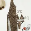 2027 Nuevo Bikini y Traje de Baño Europeo y Americano Estampado de Leopardo Cuello Halter Conjunto de Tres Piezas Malla Comercio Exterior Amazon Traje de Baño con Protección Solar para Mujeres