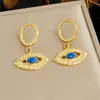 Brincos Pendentes Vintage Lápis Lazúli Estilo Francês com Design Único e Moderno, Brincos Olho Azul de Aço Inoxidável Banhado a Ouro
