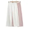 2650-26 Pantalones largos casuales sueltos de verano rosa a rayas con cintura elástica, pantalones a rayas con efecto de caída alta, pantalones de pierna recta
