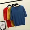 Suéter de Punto de Seda Helada Nuevo de Primavera y Otoño para Mujer, Manga Media Fina de Verano, Cuello en V, Ropa Exterior, Top Base Holgado de Manga Media de Cinco Puntos