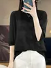 Lã cardada fina feminina gola redonda cor sólida jacquard meia manga solta casual para o trabalho primavera e verão malha meia manga