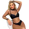 Ropa interior sexy europea y americana de manga larga hueca, bikini con perspectiva de red grande, mono sin mangas con agujero en la red de pesca
