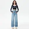 Jeans Estreitos de Perna Reta Femininos Outono e Inverno Forrados com Lã Cintura Alta Ajuste Slim Soltos Calças de Perna Larga Mergulhadas para Mulheres Baixas