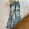 Jeans Azul Claro Lavados Arrugados de Tiro Bajo Microcampana para Mujer, Nuevo Estilo de Verano, Elásticos y Adelgazantes, Pantalones Petite Bootcut