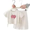 Conjunto Infantil para Niña de Manga Corta con Estampado de Corazón de Semicírculo Colección Verano 2026 Nuevo Conjunto de Dos Piezas: Top y Pantalón Largo para Niña