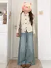 Jeans anchos de mezclilla azul claro, relajados y casuales para mujer, lavados de otoño, sueltos, adelgazantes, de cintura alta, rectos, de largo hasta el suelo.