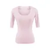 Camiseta de Color Sólido con Borde Deshilachado, Cuello en U de Manga Media, Estilo Puro Deseo, Nuevo Top Básico Versátil de Color Sólido Ajustado Favorecedor para Primavera/Verano