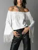 Top vintage europeu e americano com franjas para mulheres, nova camiseta de camurça de um ombro com manga sino estilo western, ombro a ombro
