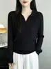 Suéter de tricô gola polo estilo retro coreano old money para mulheres, pulôver solto de manga comprida para primavera e outono