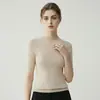 Suéter base para mujer, lavable a máquina, sin costuras, cuello medio alto, manga corta, corte ajustado, delgado, tipo playera de punto, tejido