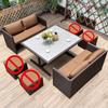 Sofá de Rattan, Jardim de Pátio, Armazenamento Combinado, Mesa e Cadeiras de Rattan, Apoio para os Pés, Laje de Pedra, Mesa de Madeira Plástica, Lazer ao Ar Livre, Estilo Simples